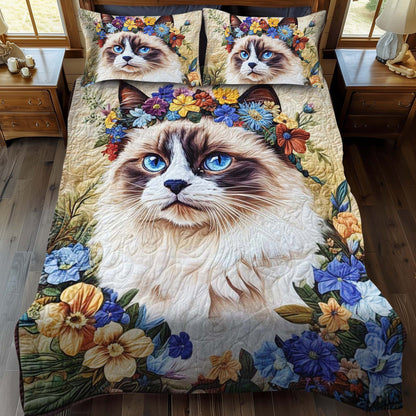 Floral Crown Cat 3-Piece Quilted Bedding Set NCU0NT997