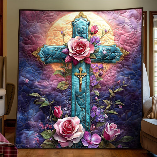 Floral Faith Cross Quilted Blanket NCU0DV966