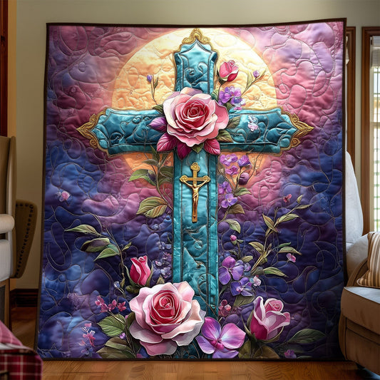 Floral Faith Cross Quilted Blanket NCU0DV966