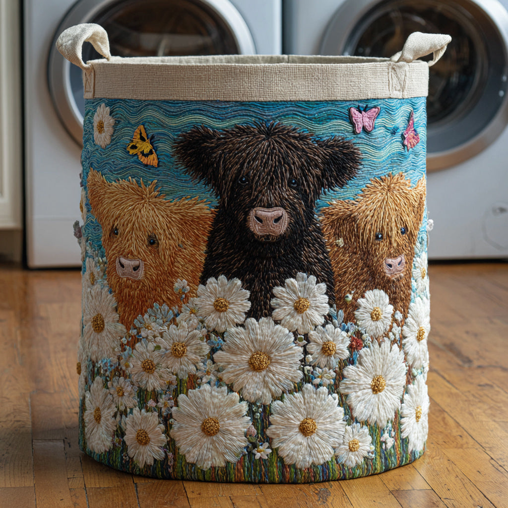Floral Highland Cow Quilted Laundry Basket NCU0HNH494