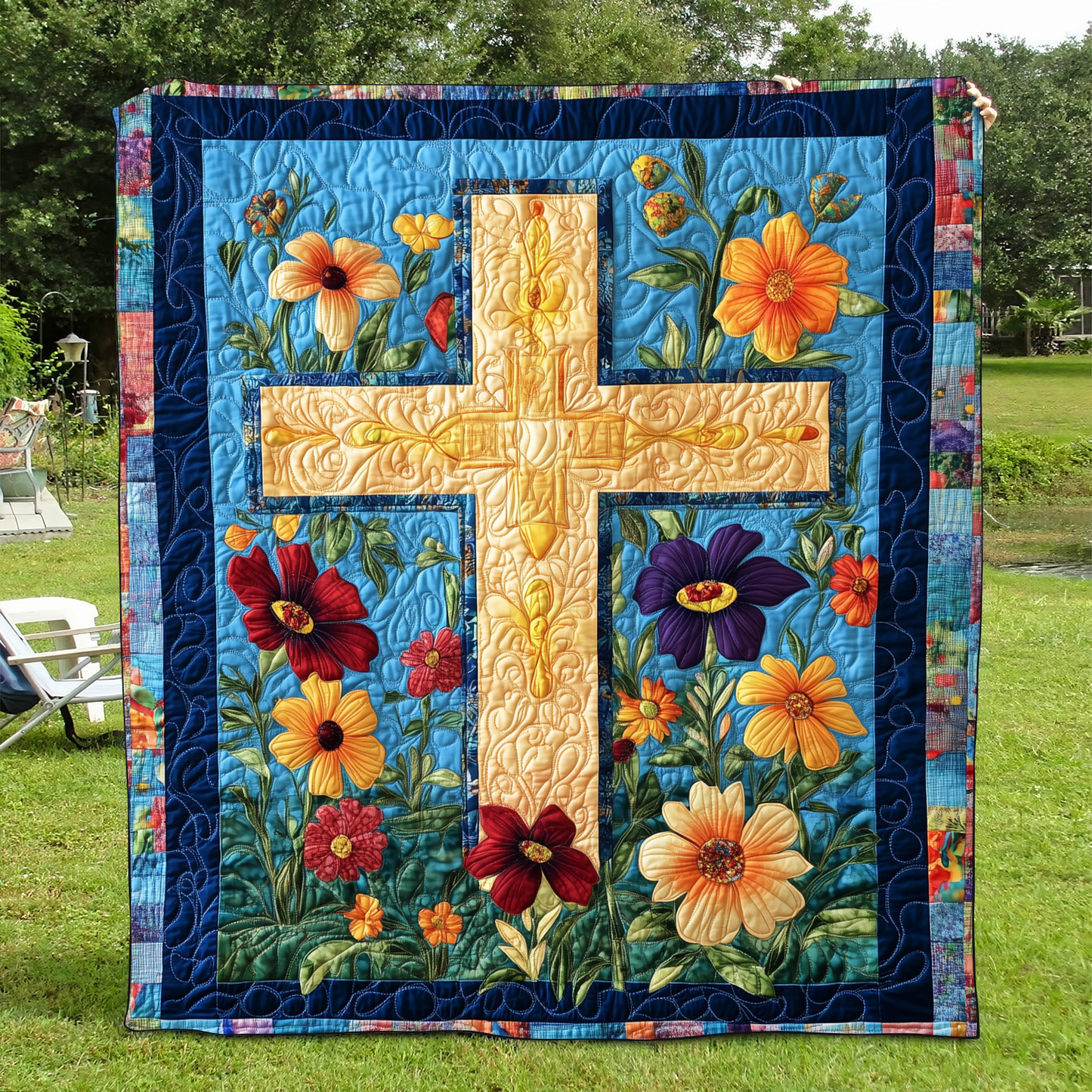 Floral Patchwork Cross Quilted Blanket NCU0VL515