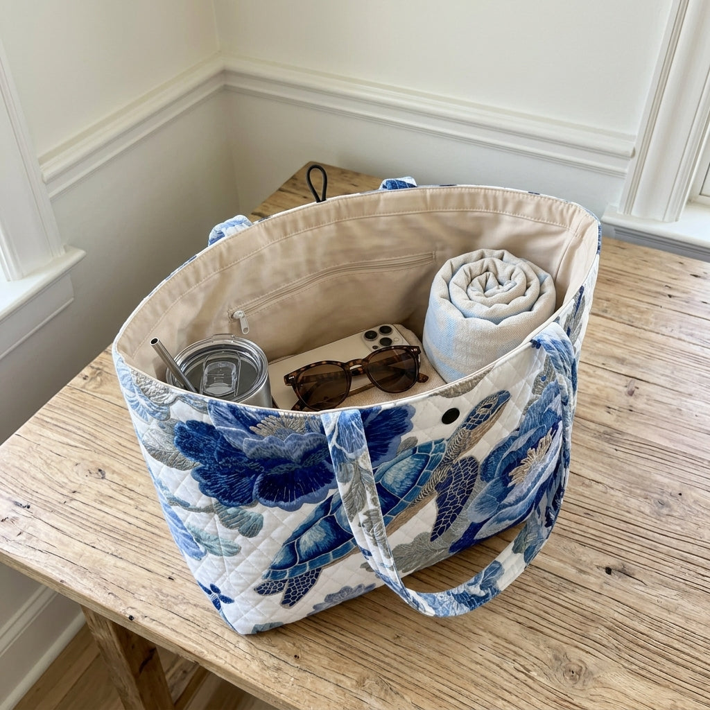 Floral Sea Turtle Quilted Classic Tote Bag NCU0DV2096