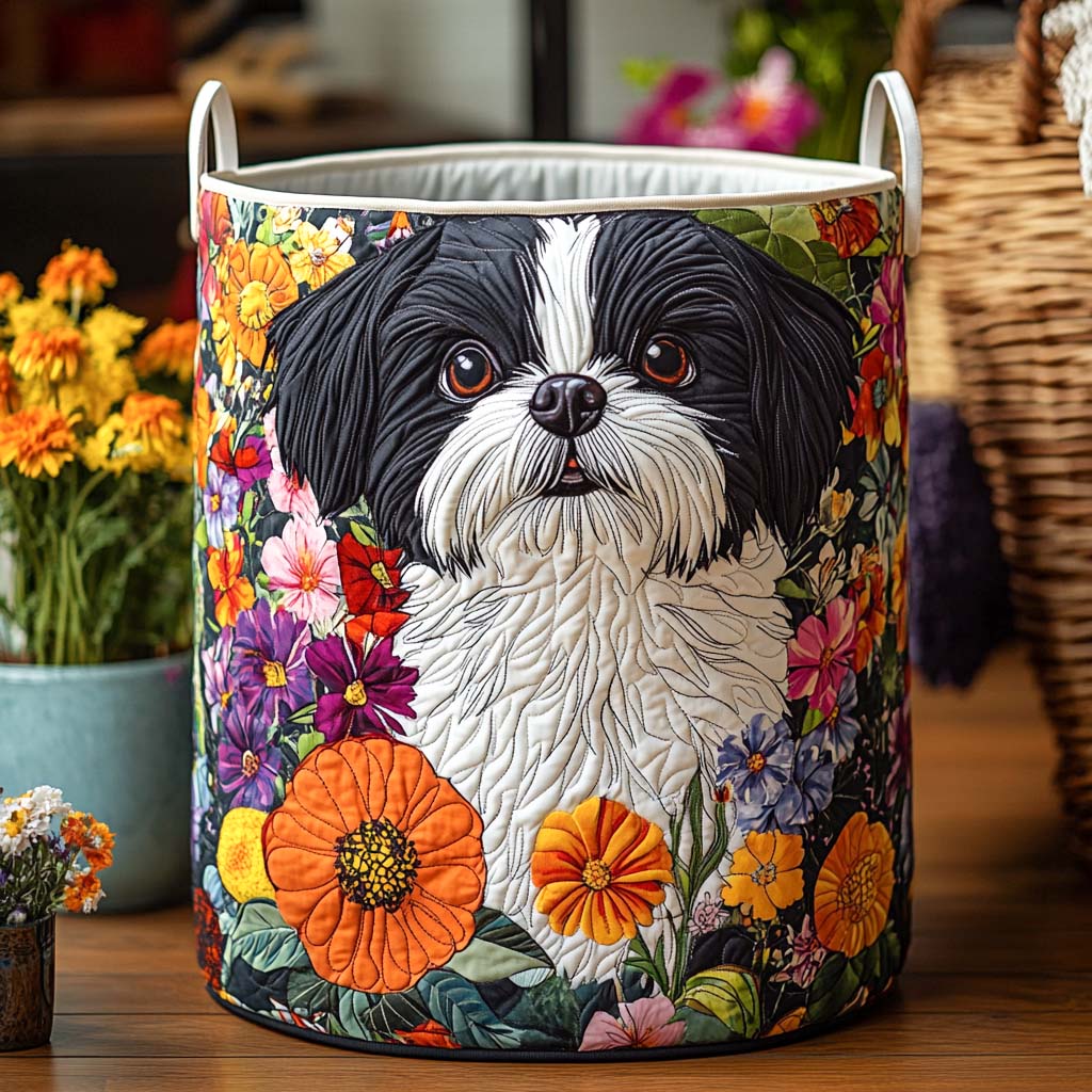 Floral Shih Tzu Quilted Laundry Basket NCU0NXD751