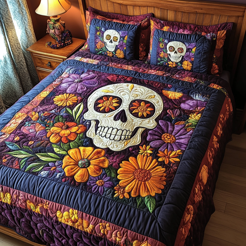 Floral Skull Love 3-Piece Quilted Bedding Set NCU0TL1925