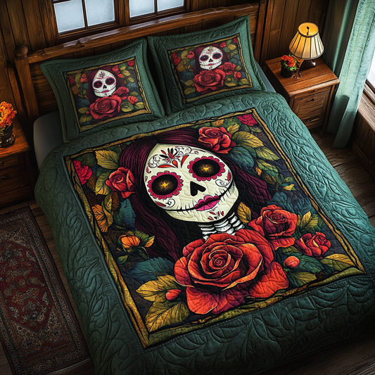 Flower Crown Skull 3-Piece Quilted Bedding Set NCU0TL1929