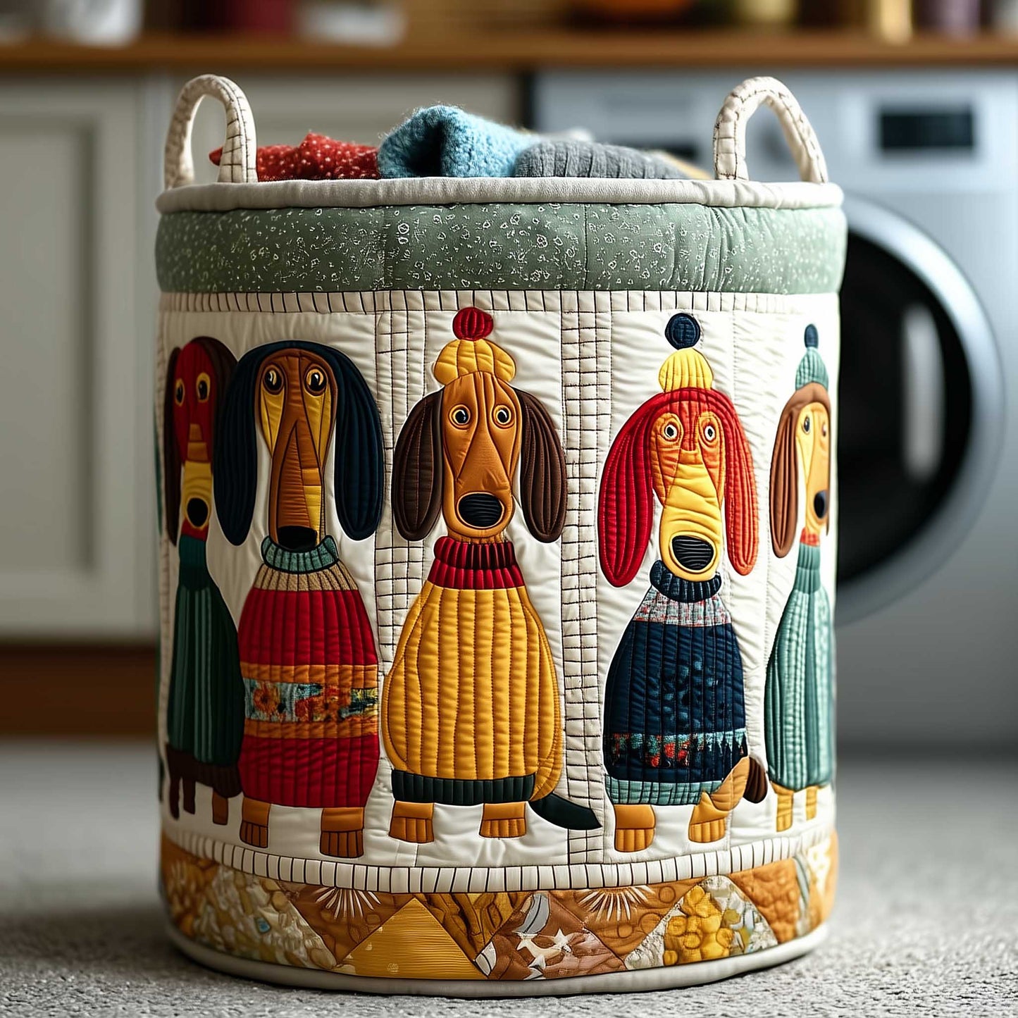 Folk Dogs Village Quilted Laundry Basket NCU0HTT151