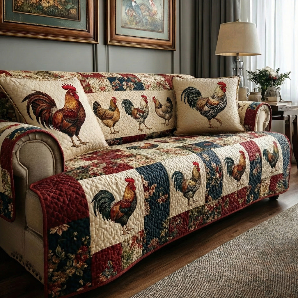 Folk Roosters Quilted Sofa Cover NCU0LDH388