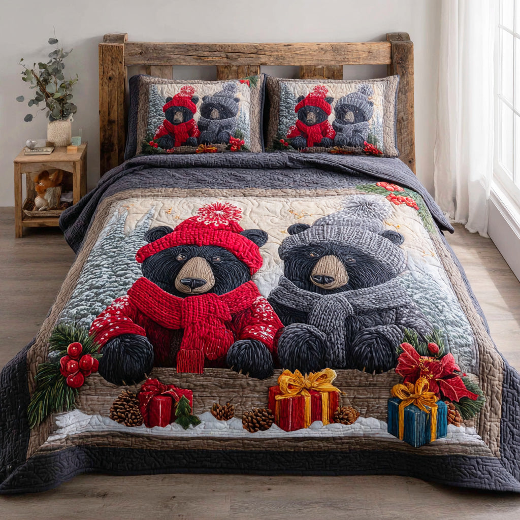 Forest Holiday Bear 3-Piece Quilted Bedding Set NCU0NTD879