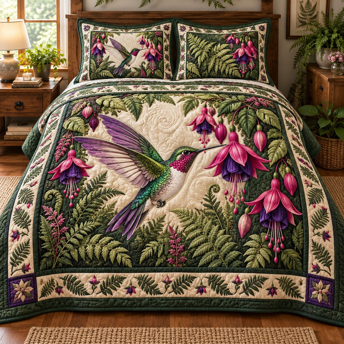 Fuchsia Fern Hummingbird 3-Piece Quilted Bedding Set NCU0NTD2426