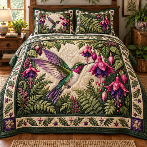 Fuchsia Fern Hummingbird 3-Piece Quilted Bedding Set NCU0NTD2426