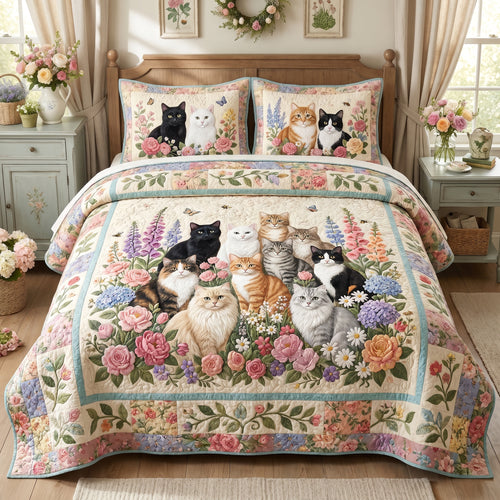 Garden Cat Gathering 3-Piece Quilted Bedding Set NCU0DV2189