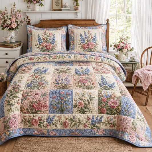 Garden Patchwork Blooms 3-Piece Quilted Bedding Set NCU0DV2382