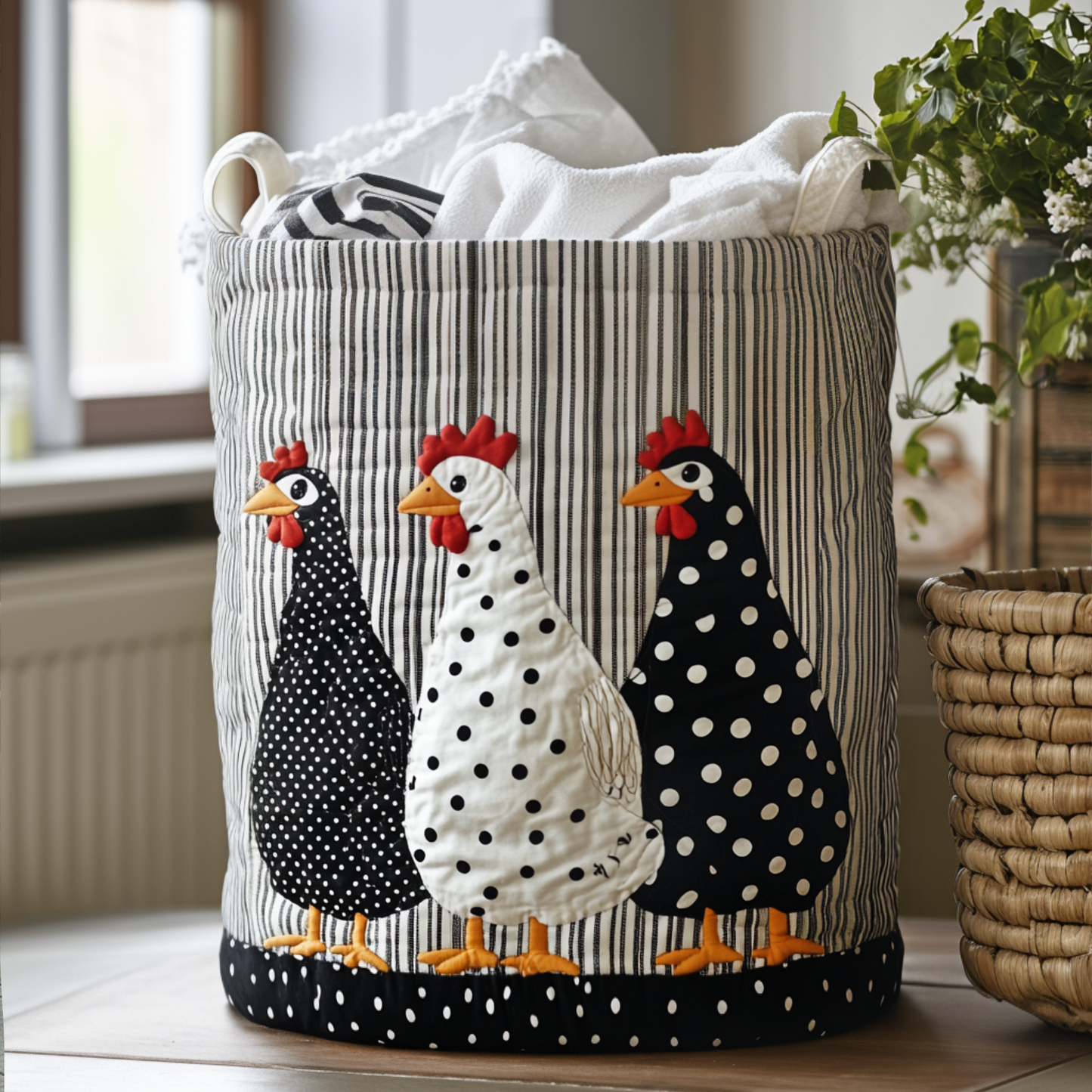 Gingham Rooster Quilted Laundry Basket NCU0PTT770