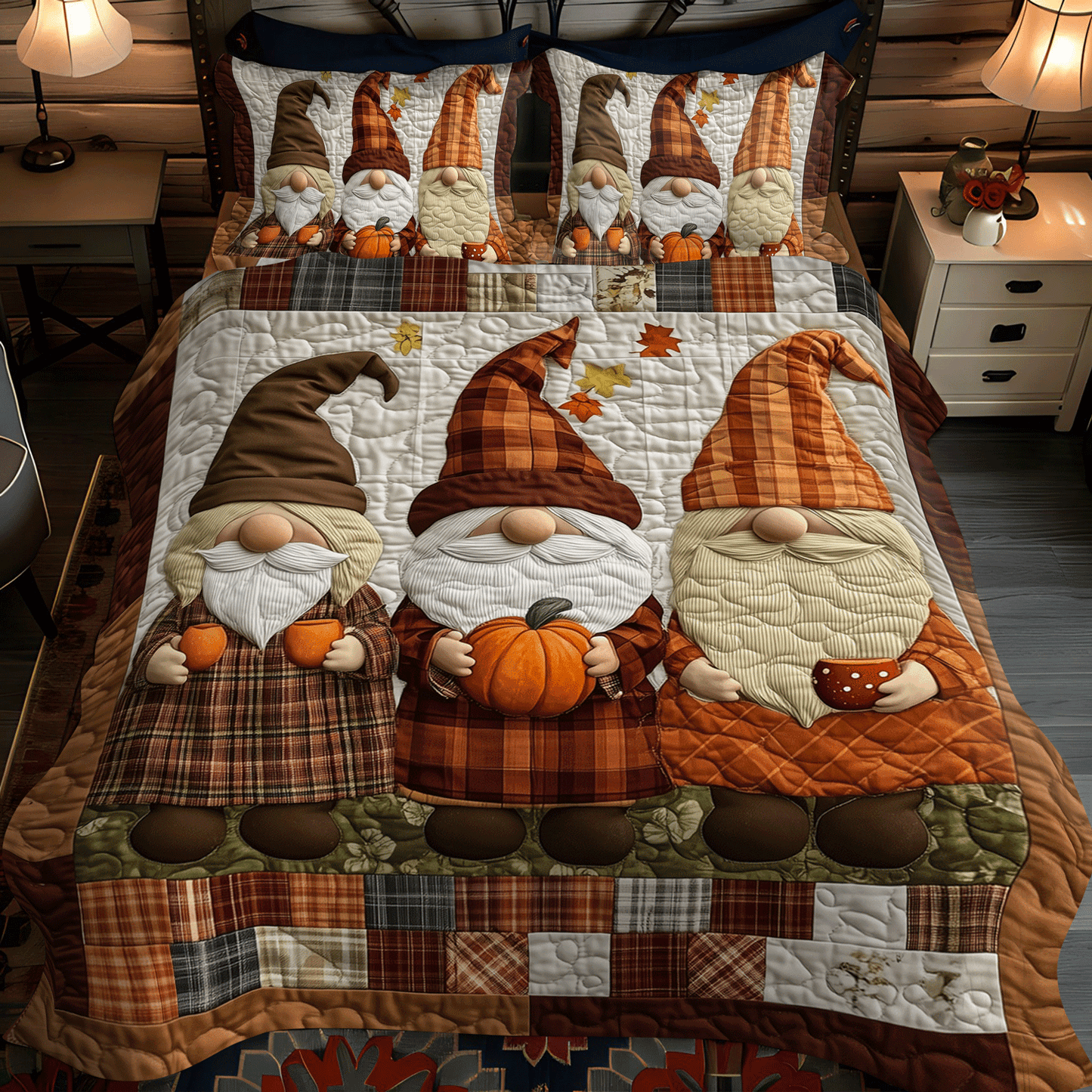 Gnome Pumpkin Parade 3-Piece Quilted Bedding Set NCU0TH1887
