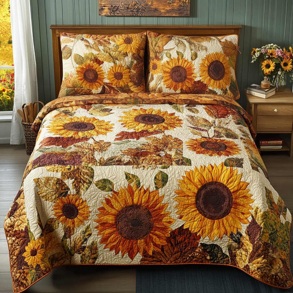 Golden Bloom 3-Piece Quilted Bedding Set NCU0TL1716