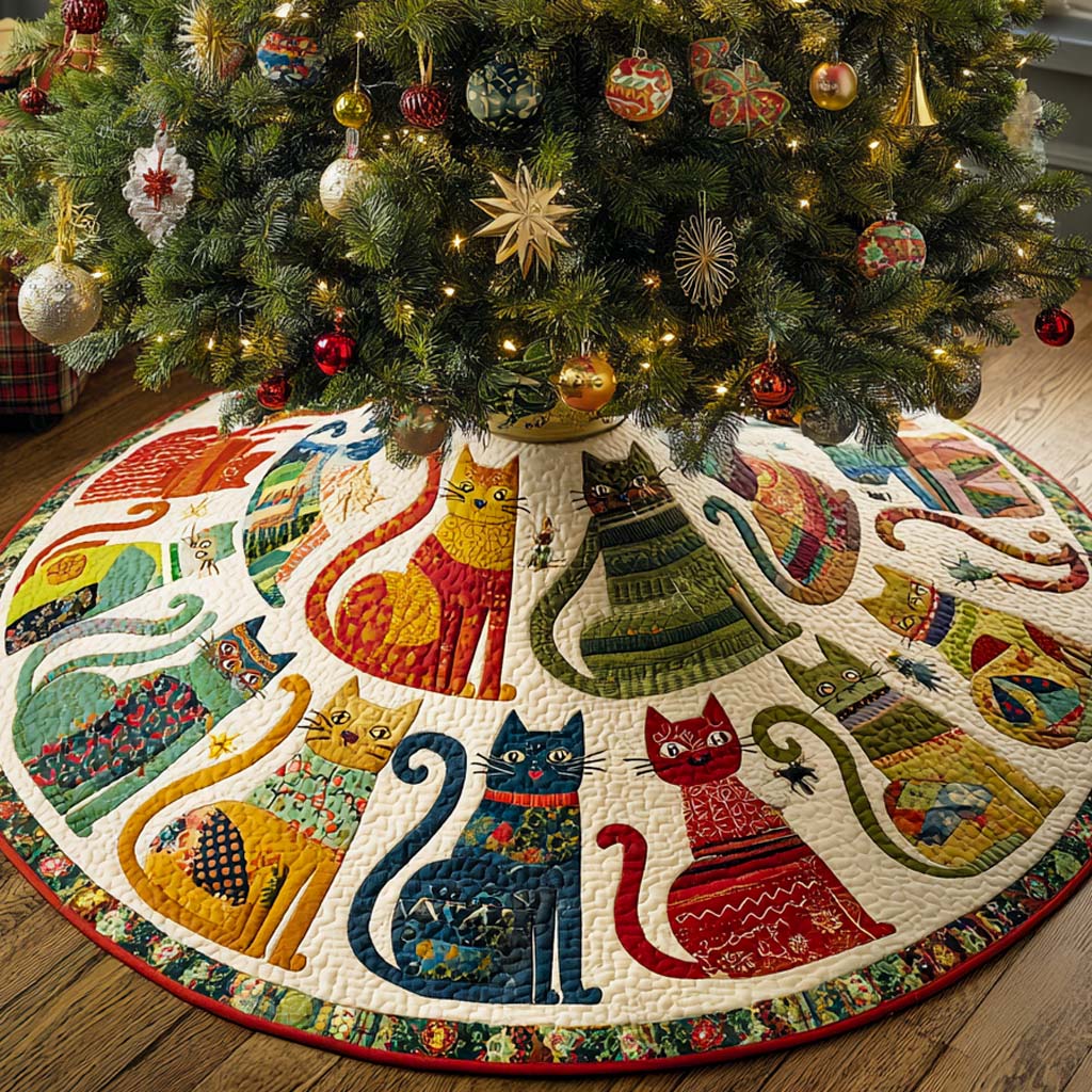 Golden Bell Cat Circle Quilted Tree Skirt NCU0NXD1137