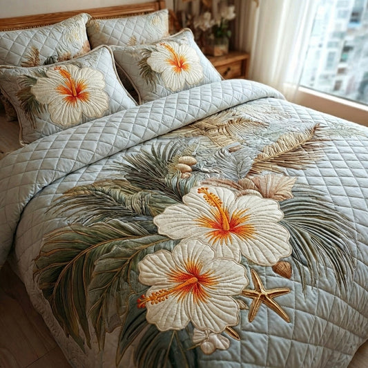 Golden Hibiscus 3-Piece Quilted Bedding Set NCU0DV1959