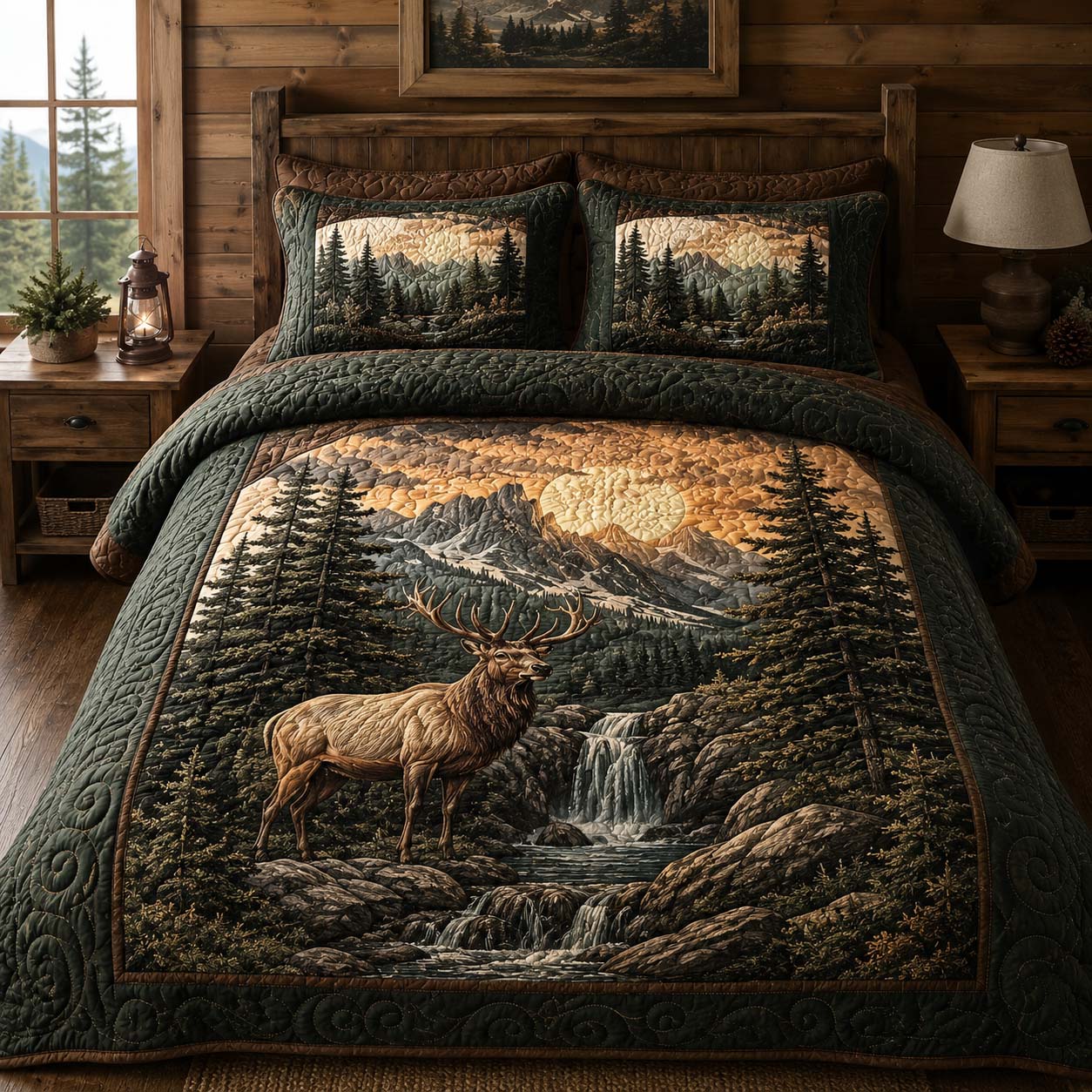 Golden Hour Elk 3-Piece Quilted Bedding Set NCU0DQQ0886