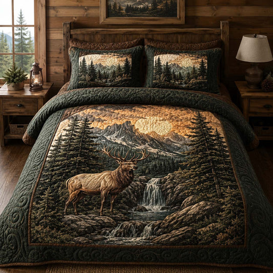 Golden Hour Elk 3-Piece Quilted Bedding Set NCU0DQQ0886