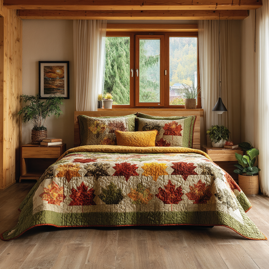 Golden Leaves 3-Piece Quilted Bedding Set NCU0DV495