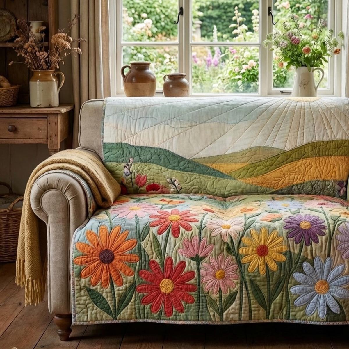 Golden Meadow Quilted Sofa Cover NCU0DV2067