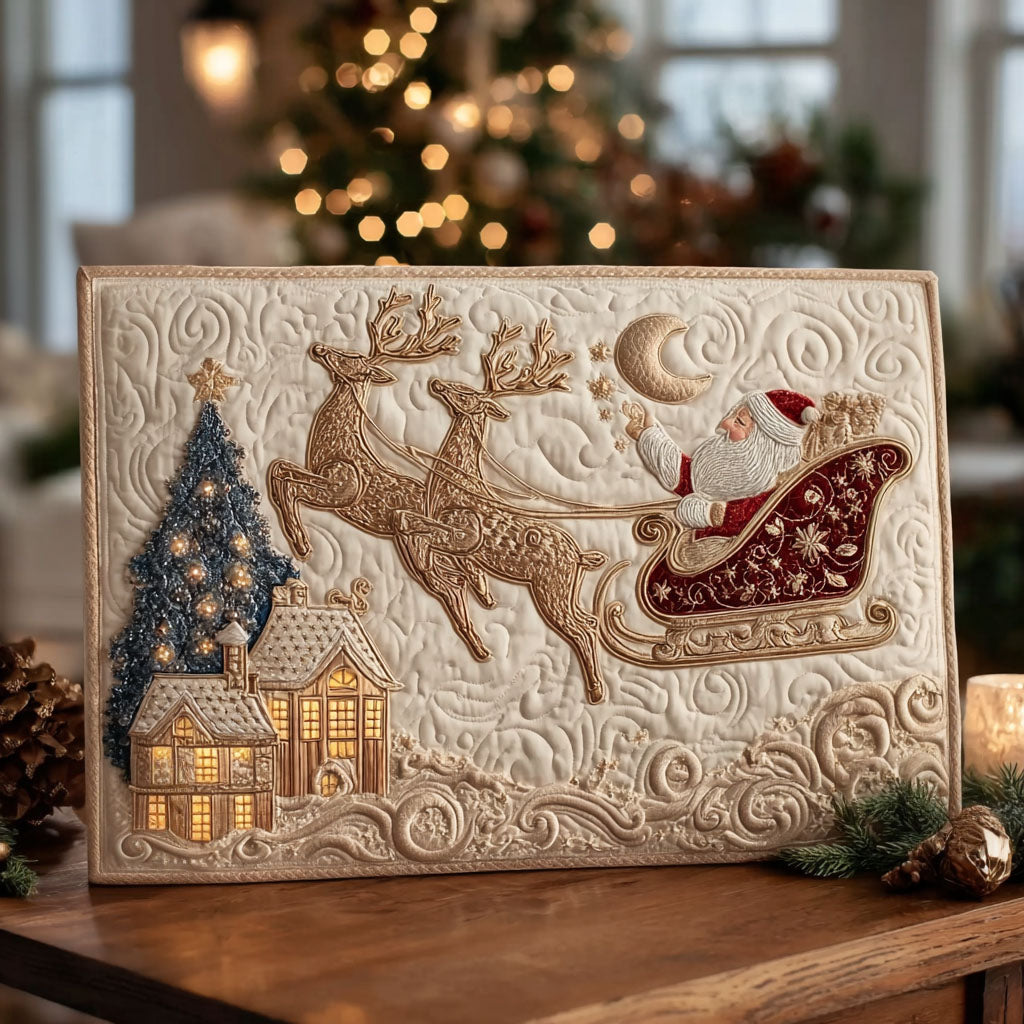 Golden Reindeer Magic Quilted Fabric Postcard NCU0PTT2348