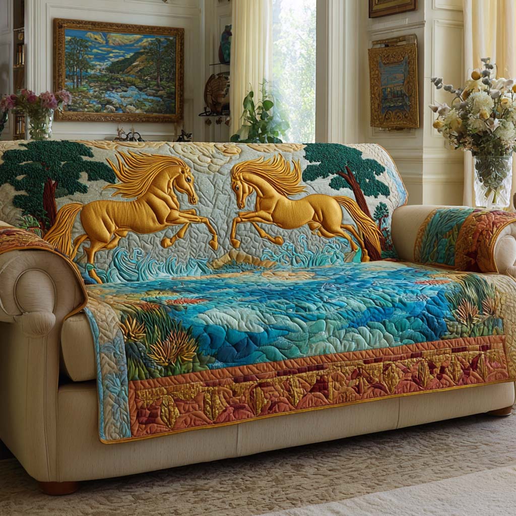 Golden Stallions Quilted Sofa Cover NCU0NXD1332