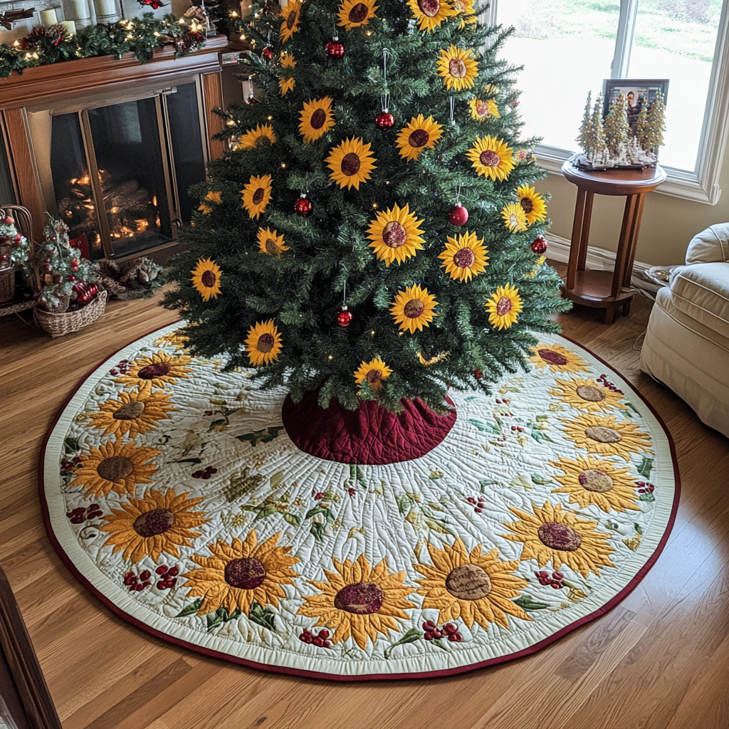 Golden Sunflower Christmas Quilted Tree Skirt NCU0DDK1627