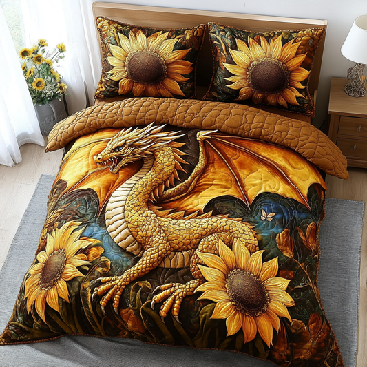 Golden Sunflower Dragon 3-Piece Quilted Bedding Set NCU0PVL329