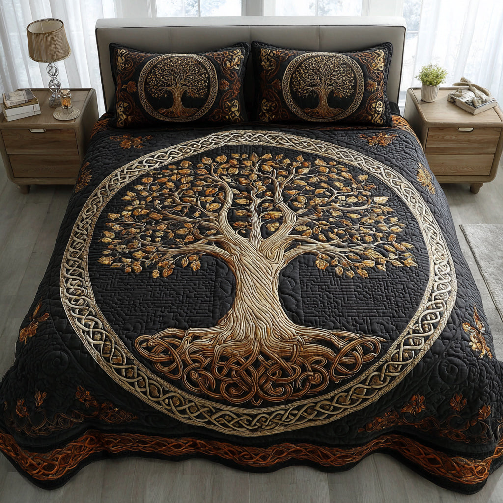 Golden Tree of Life 3-Piece Quilted Bedding Set NCU0HNH287