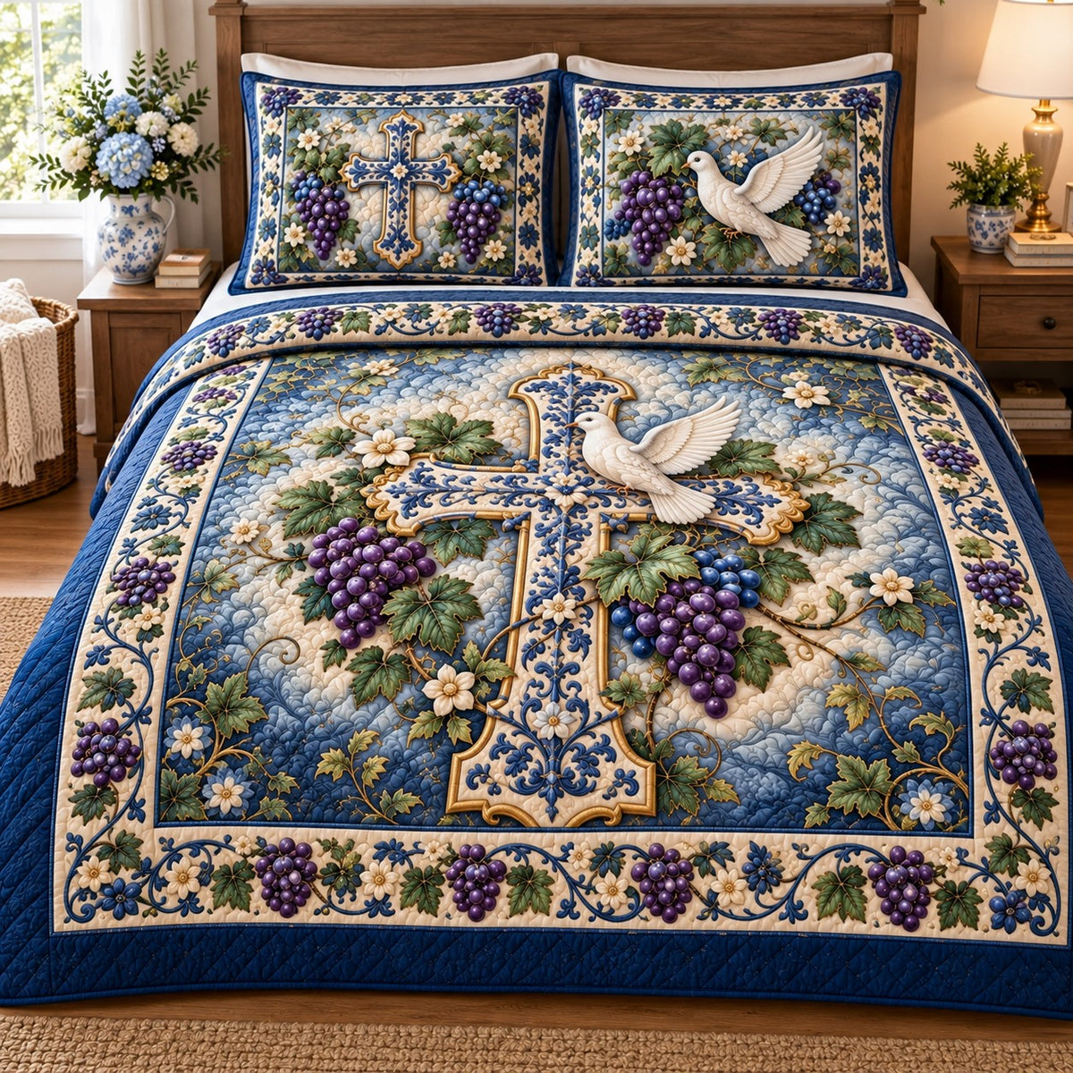 Grapevine Dove Cross Quilted Bedding Set V2 NCU0NTD2382
