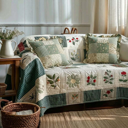 Green Gingham Garden Quilted Sofa Cover NCU0DQQ0468