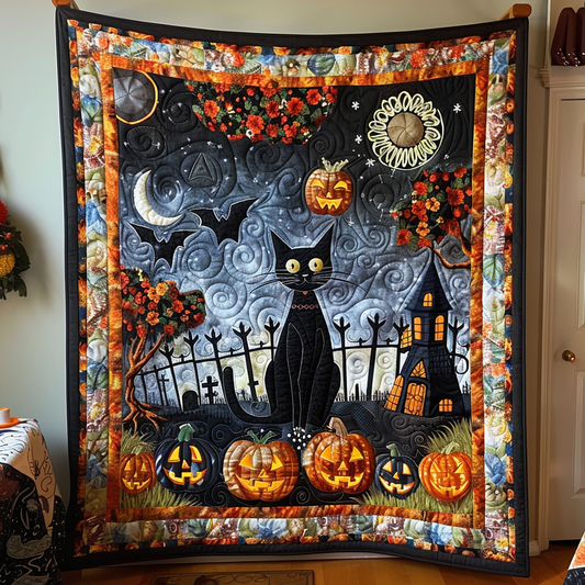 Halloween Black Cat Quilted Blanket NCU0PD247