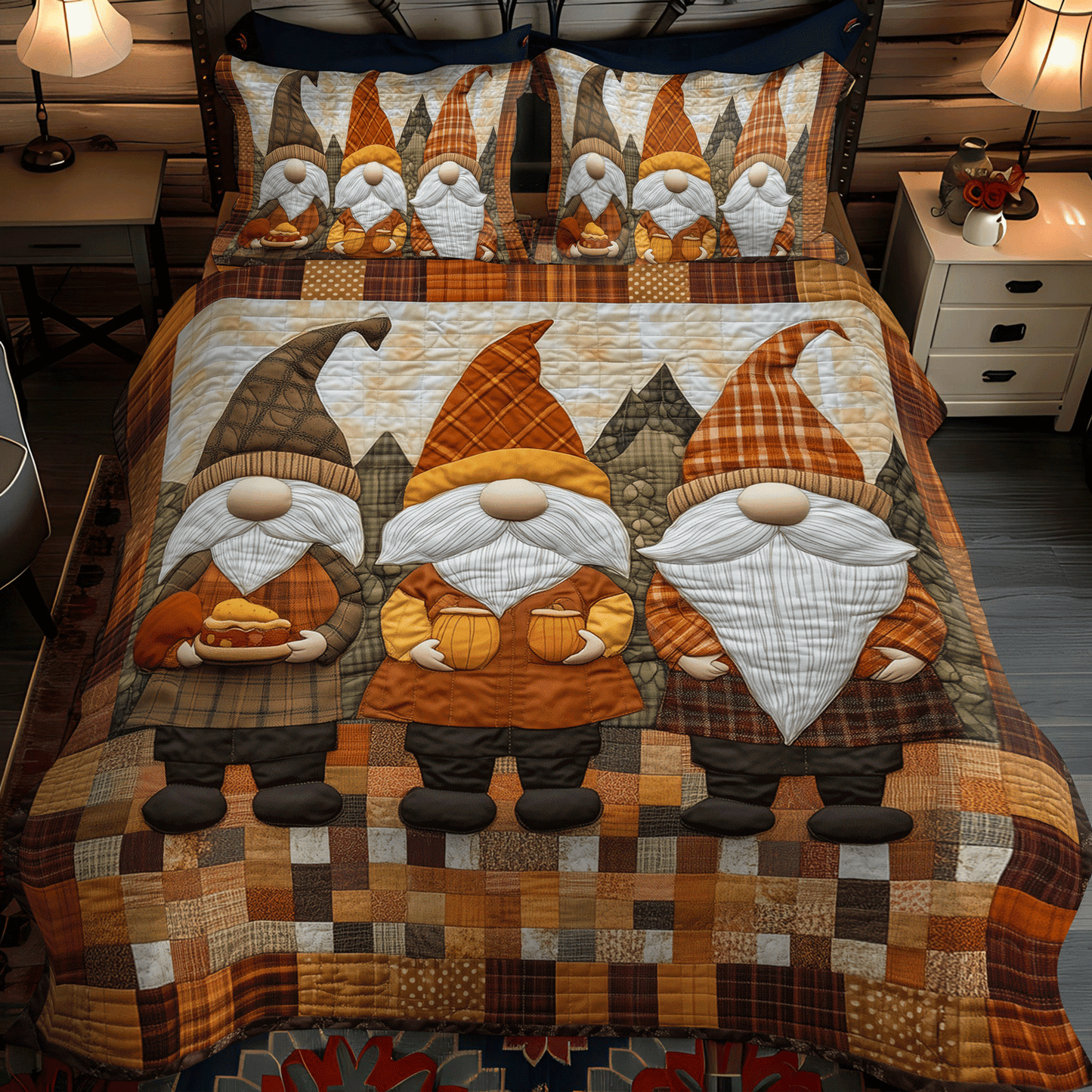 Harvest Gnome Pumpkins 3-Piece Quilted Bedding Set NCU0TH1886