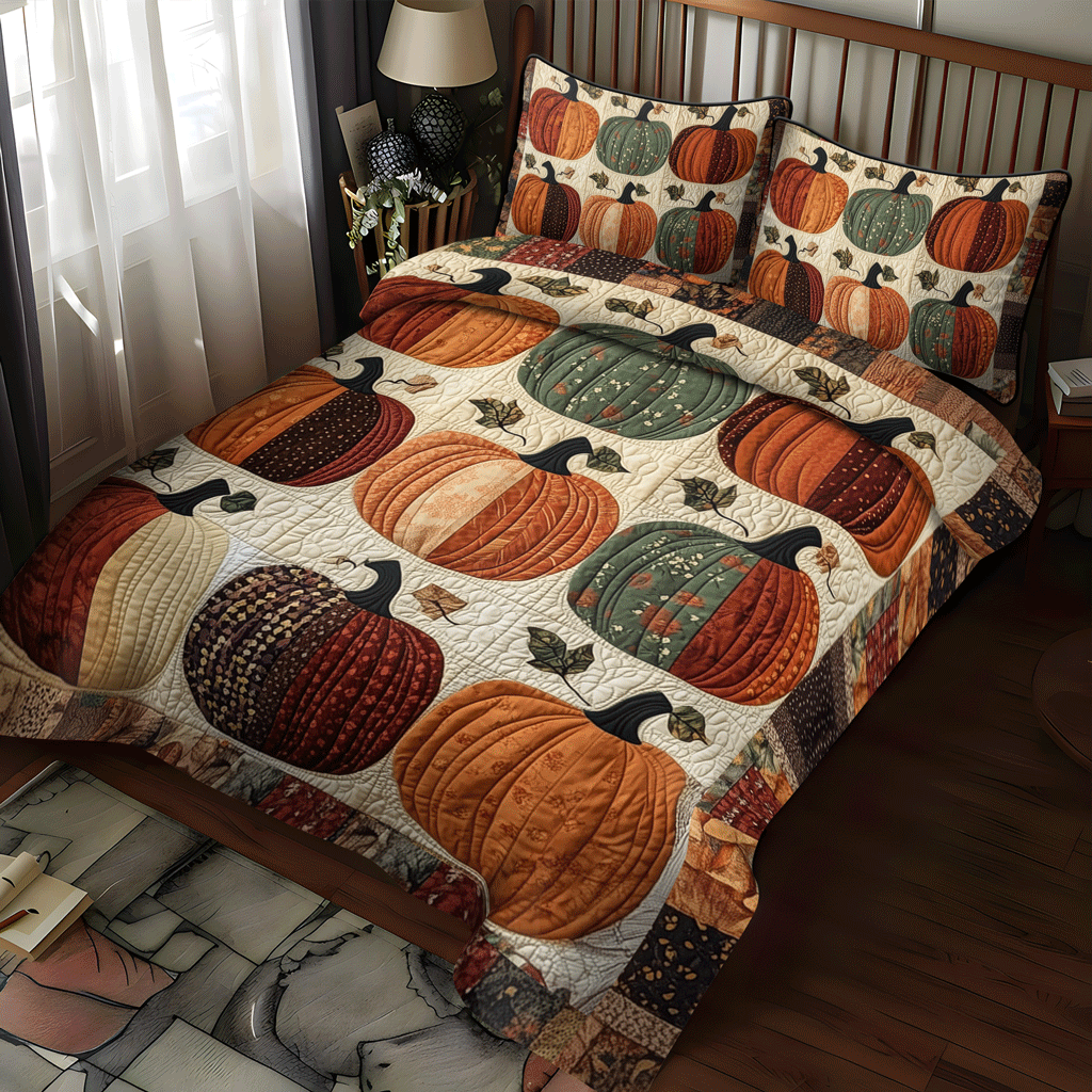 Harvest Pumpkin 3-Piece Quilted Bedding Set NCU0TH1847