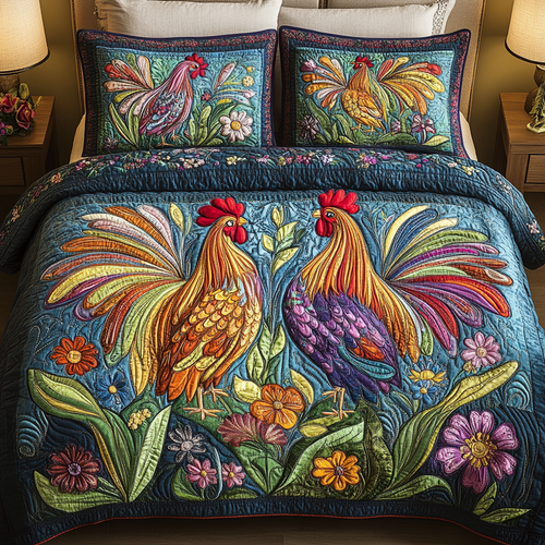Harvest Roosters 3-Piece Quilted Bedding Set NCU0NVH021