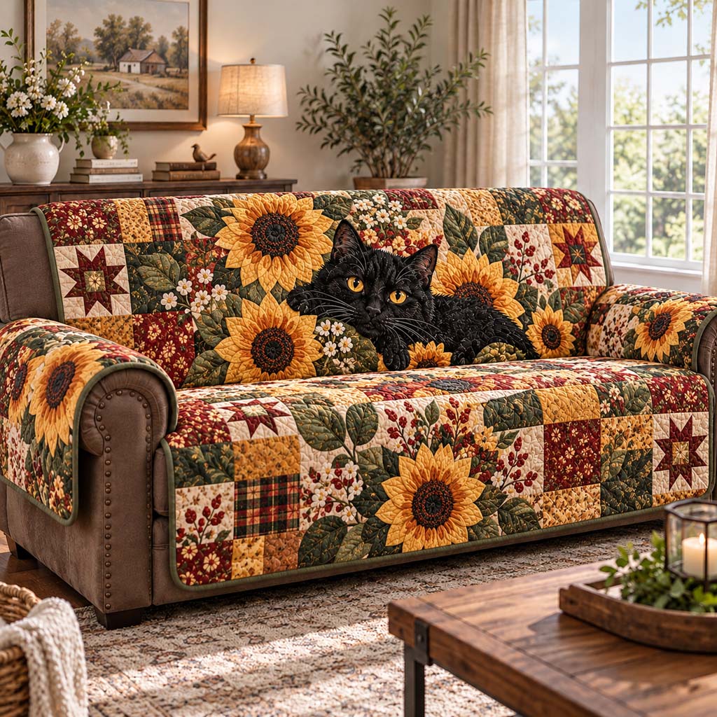 Harvest Sunflower Cat Quilted Sofa Cover NCU0HNH1334