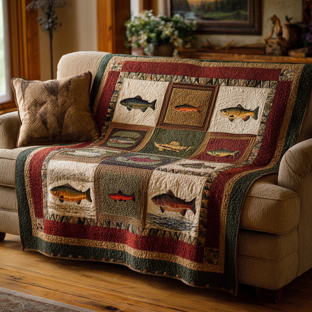 Heritage Fish Blocks Quilted Blanket NCU0LDH823