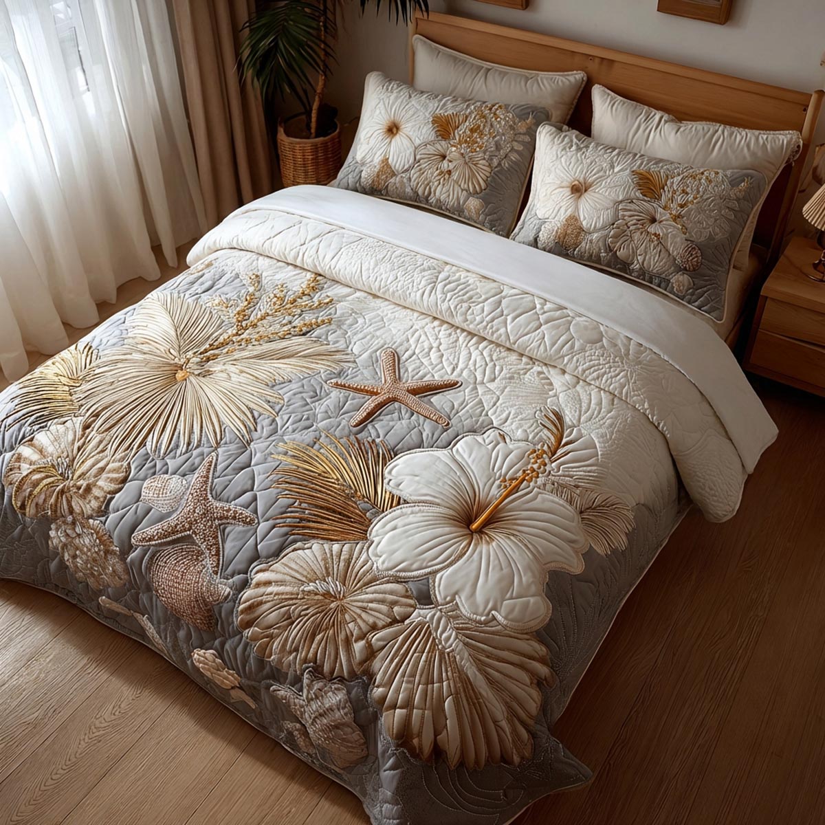 Hibiscus Glow 3-Piece Quilted Bedding Set NCU0DV1963