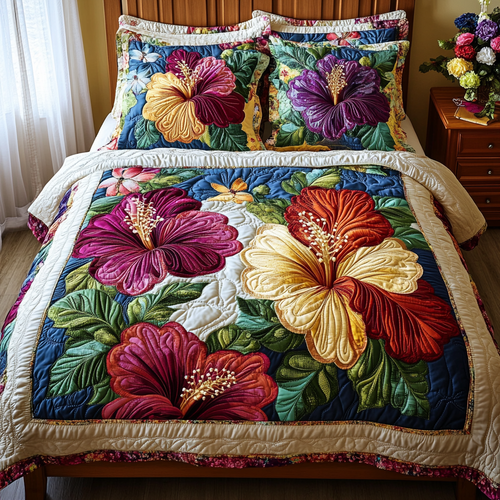 Hibiscus Haven 3-Piece Quilted Bedding Set NCU0NVH760