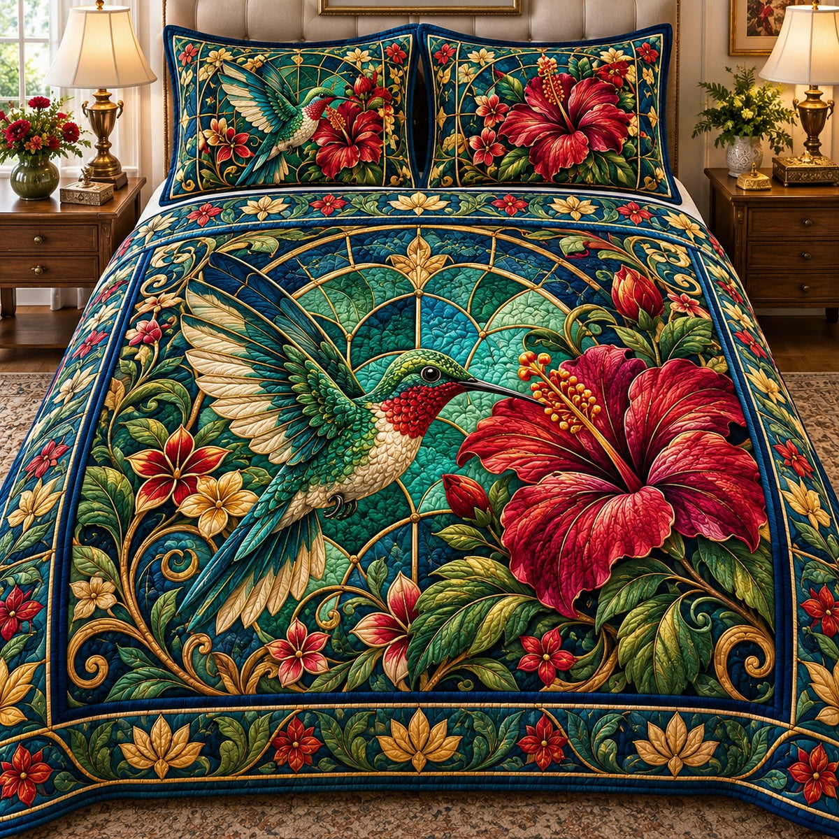 Hibiscus Jewel Hummingbird 3-Piece Quilted Bedding Set NCU0NTD2428