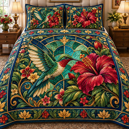 Hibiscus Jewel Hummingbird 3-Piece Quilted Bedding Set NCU0NTD2428