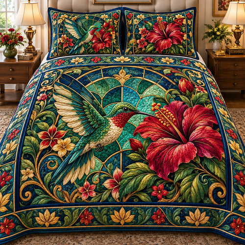 Hibiscus Jewel Hummingbird 3-Piece Quilted Bedding Set NCU0NTD2428