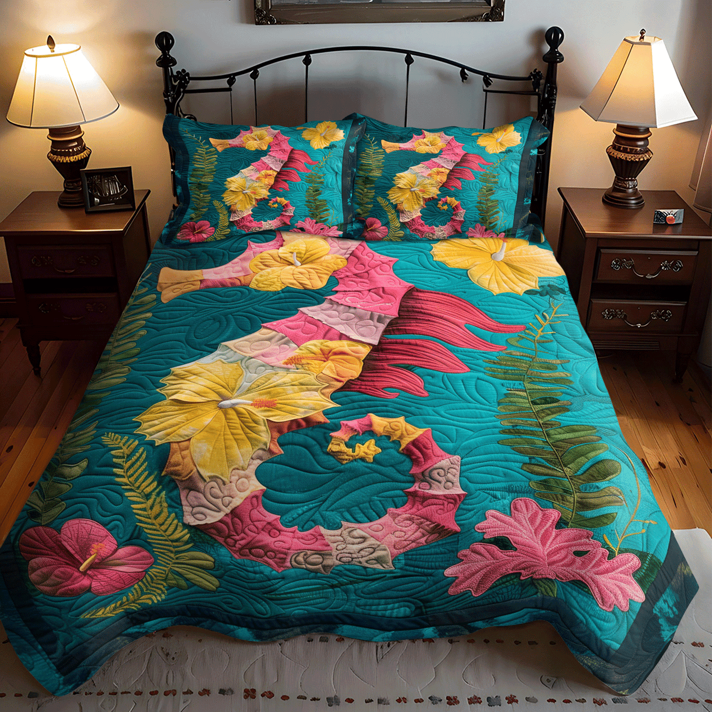 Hibiscus Seahorse 3-Piece Quilted Bedding Set NCU0TH1271