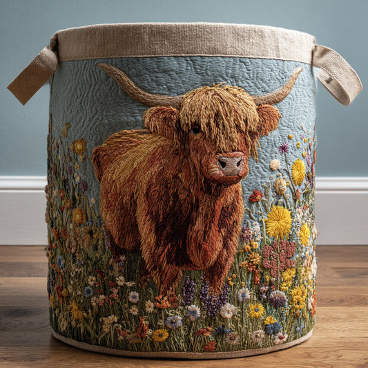 Highland Cow Blooms Quilted Laundry Basket NCU0HNH495