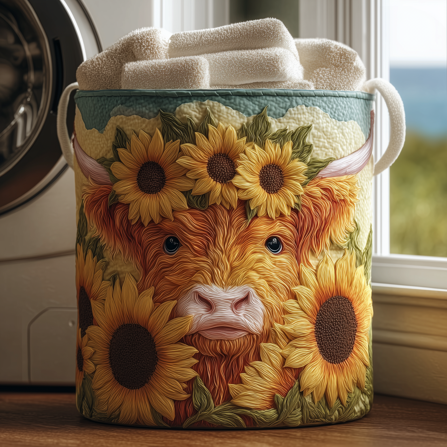 Highland Cow Blossom Quilted Laundry Basket NCU0TH2938