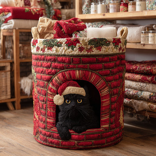 Holiday Fireplace Cat Quilted Laundry Basket NCU0NTV630