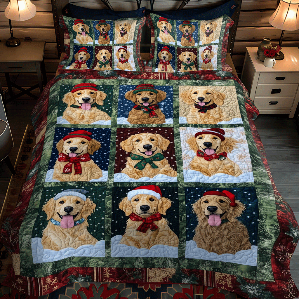 Holiday Golden Pups 3-Piece Quilted Bedding Set NCU0TH1633