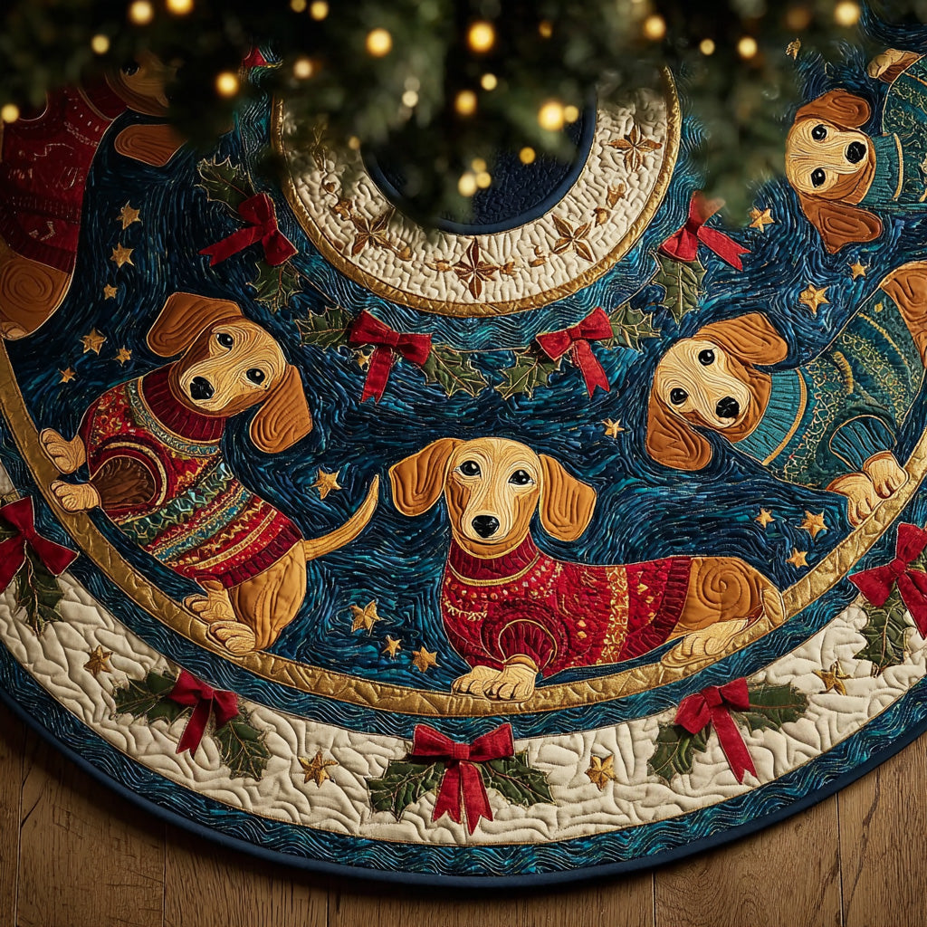 Holly Bow Dachshund Parade Christmas Quilted Tree Skirt NCU0LDH145
