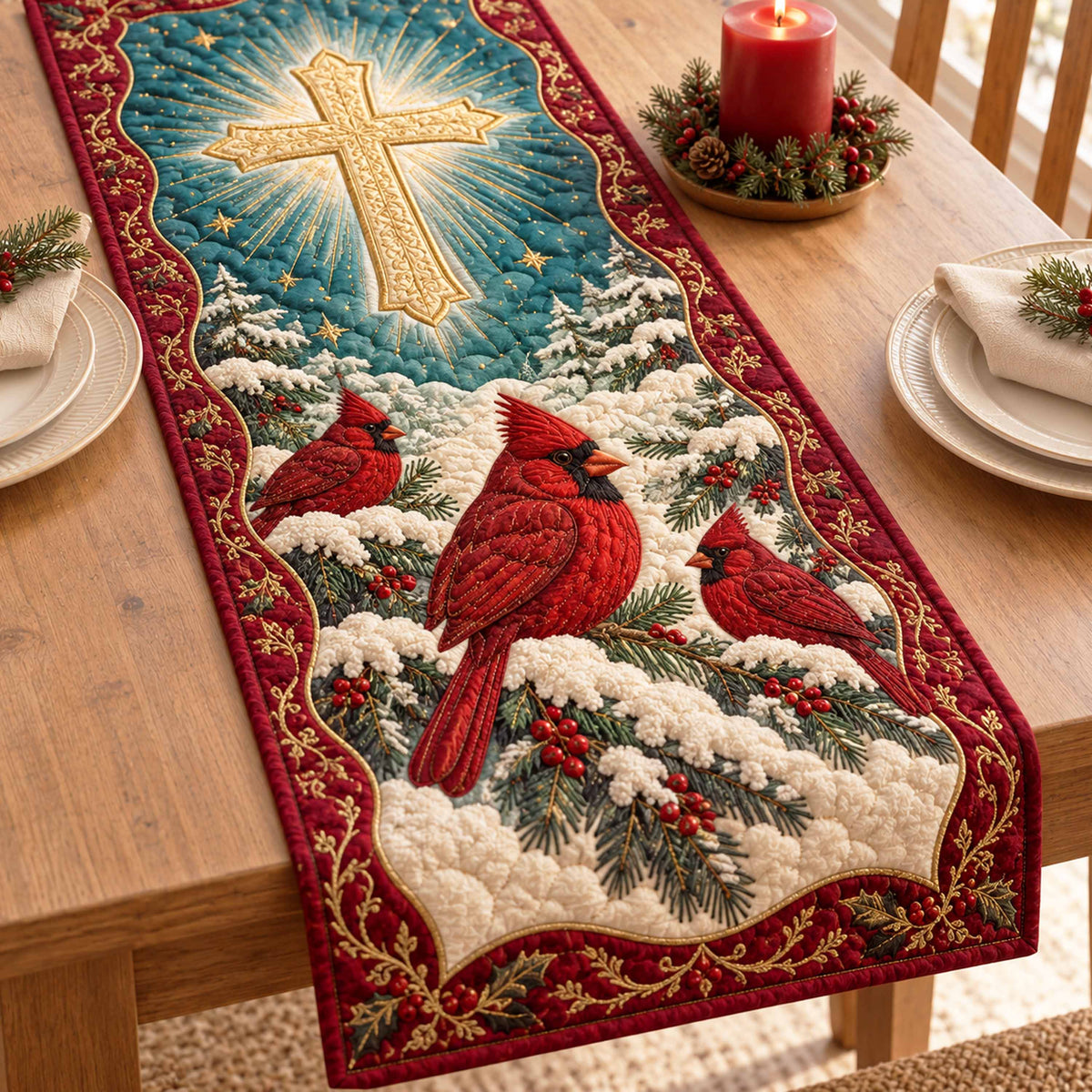 Holly Cardinal Quilted Table Runner NCU0NTD2347